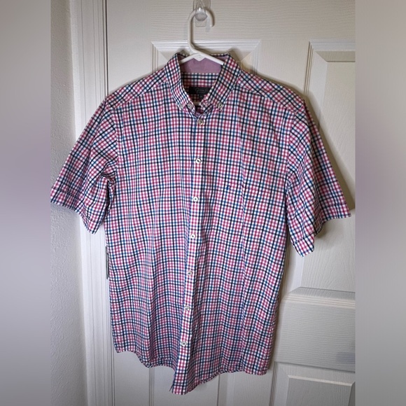 Fernando Pena men button shirt short sleeves medium pink with blue stripes - Picture 1 of 5